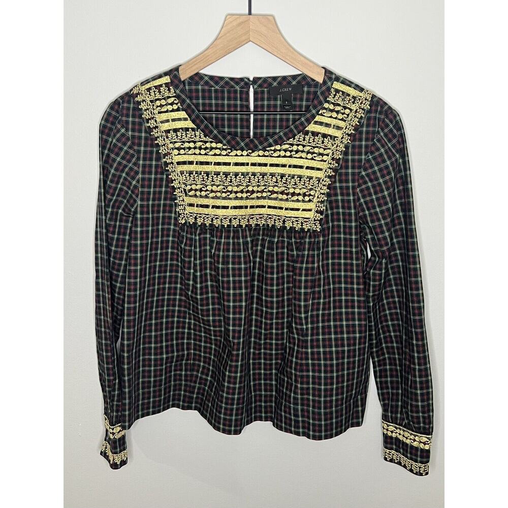 J Crew Embroidered Plaid Peasant Top Shirt Size Small